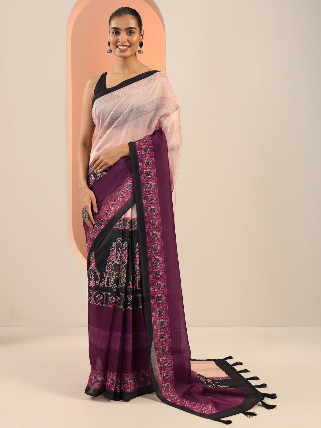 Burgundy Printed Silk Saree With Unstitched Blouse Piece