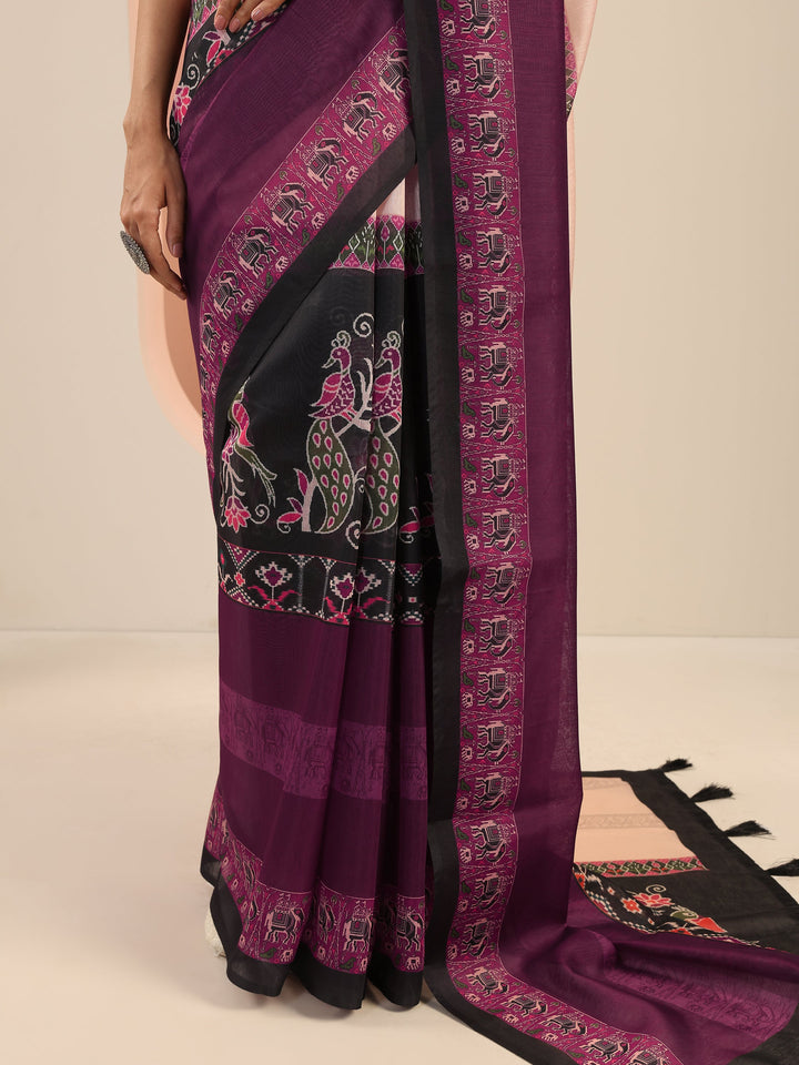 Burgundy Printed Silk Saree With Unstitched Blouse Piece