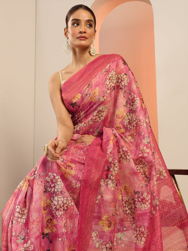 Pink Printed Silk Saree With Unstitched Blouse Piece