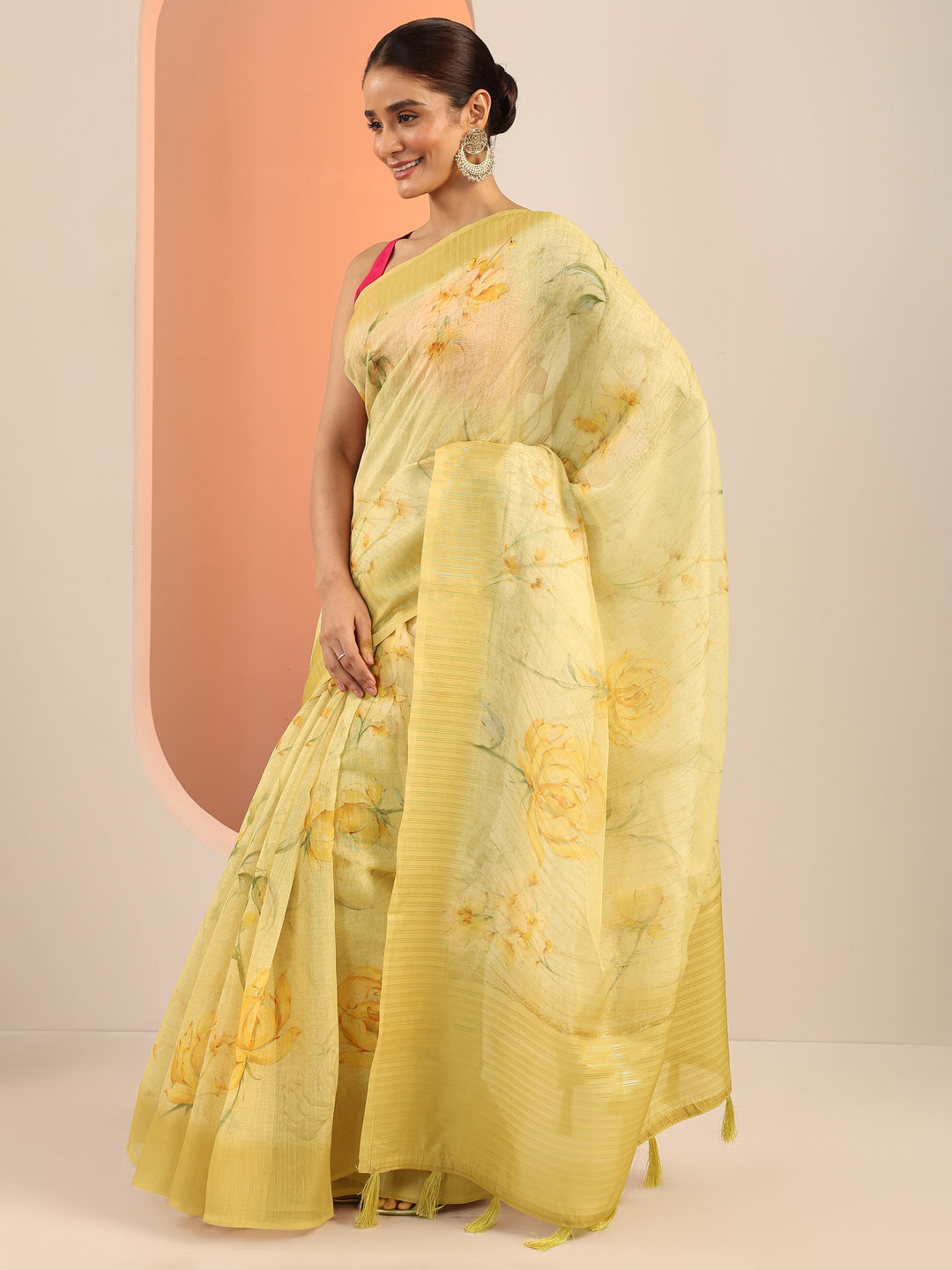 Yellow Printed Organza Saree With Unstitched Blouse Piece