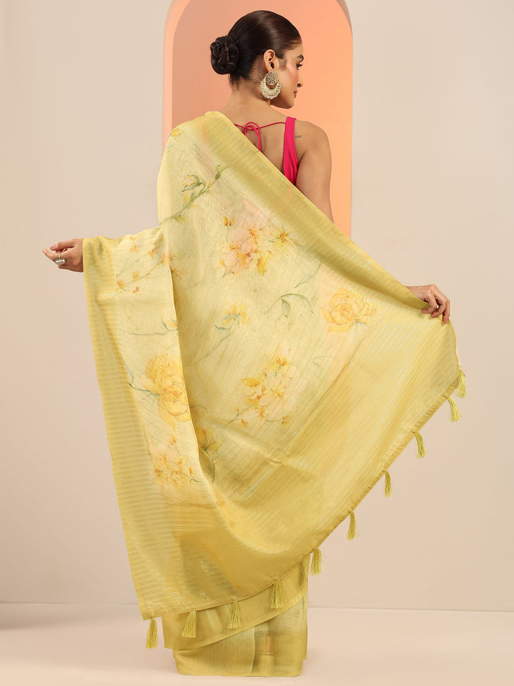 Yellow Printed Organza Saree With Unstitched Blouse Piece