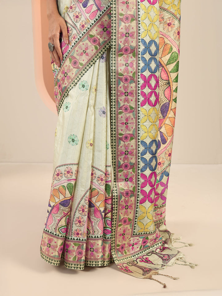 Multi Printed Silk Saree With Unstitched Blouse Piece
