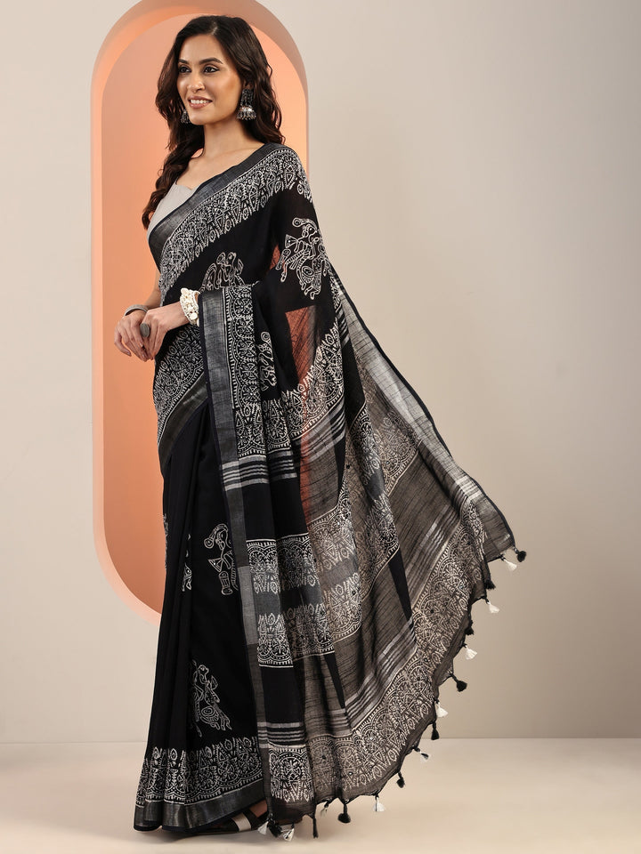 Black Printed Cotton Saree With Unstitched Blouse Piece