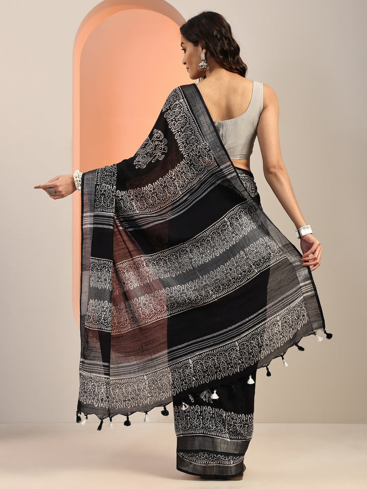 Black Printed Cotton Saree With Unstitched Blouse Piece