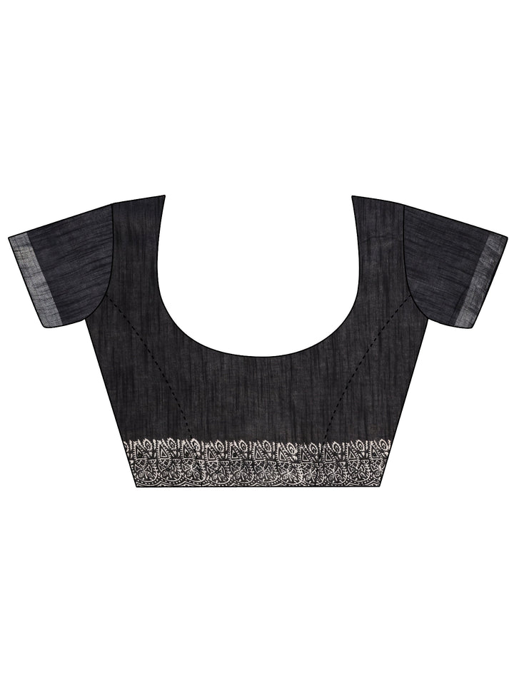 Black Printed Cotton Saree With Unstitched Blouse Piece