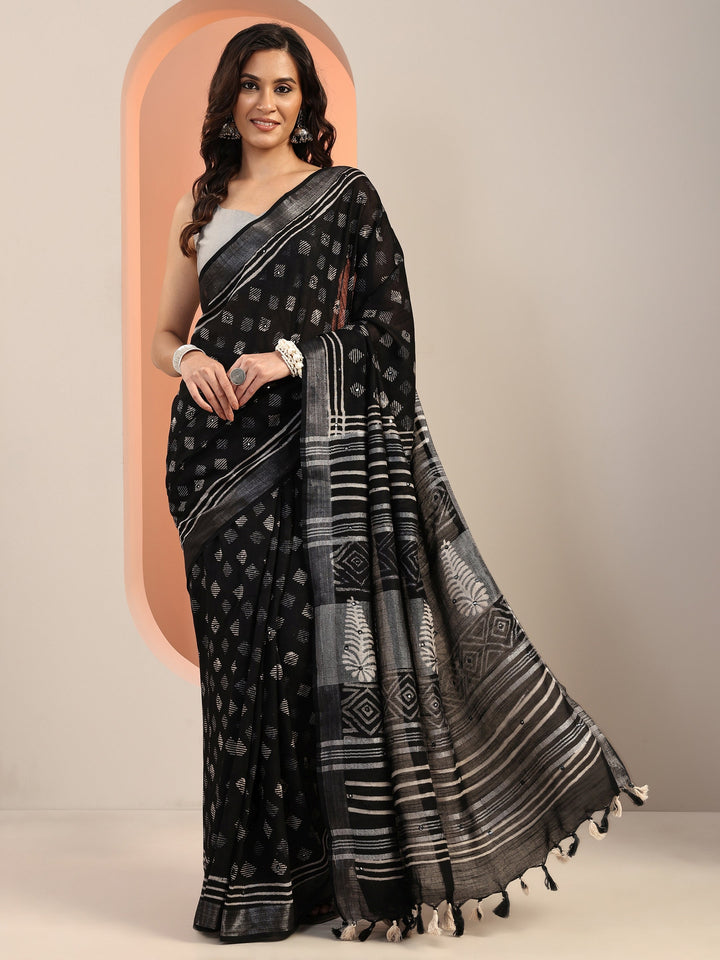 Black Printed Cotton Saree With Unstitched Blouse Piece