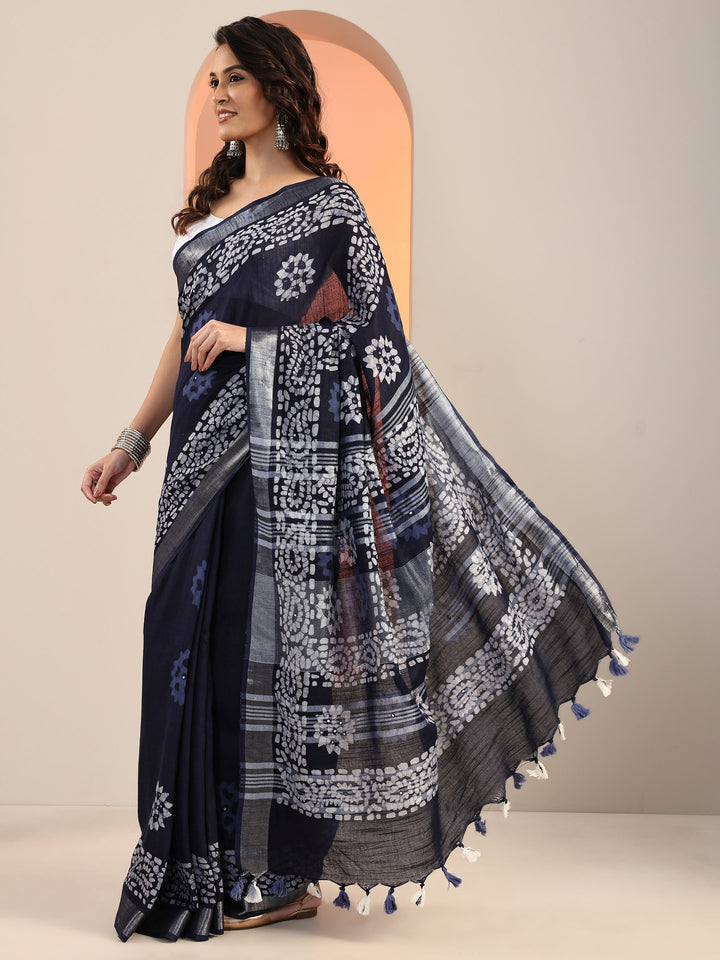Blue Printed Cotton Saree With Unstitched Blouse Piece