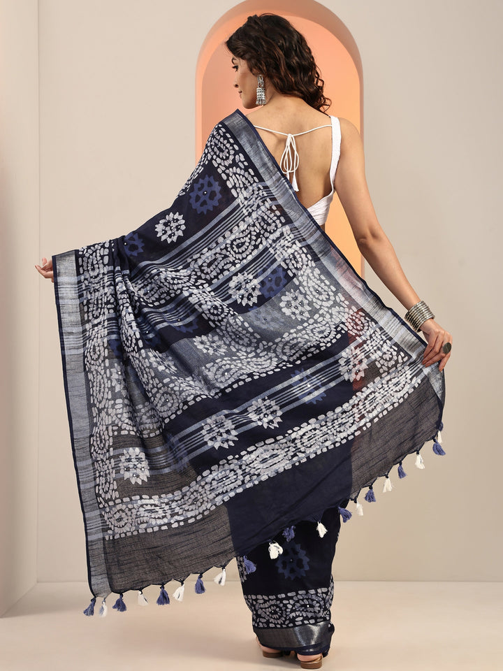 Blue Printed Cotton Saree With Unstitched Blouse Piece