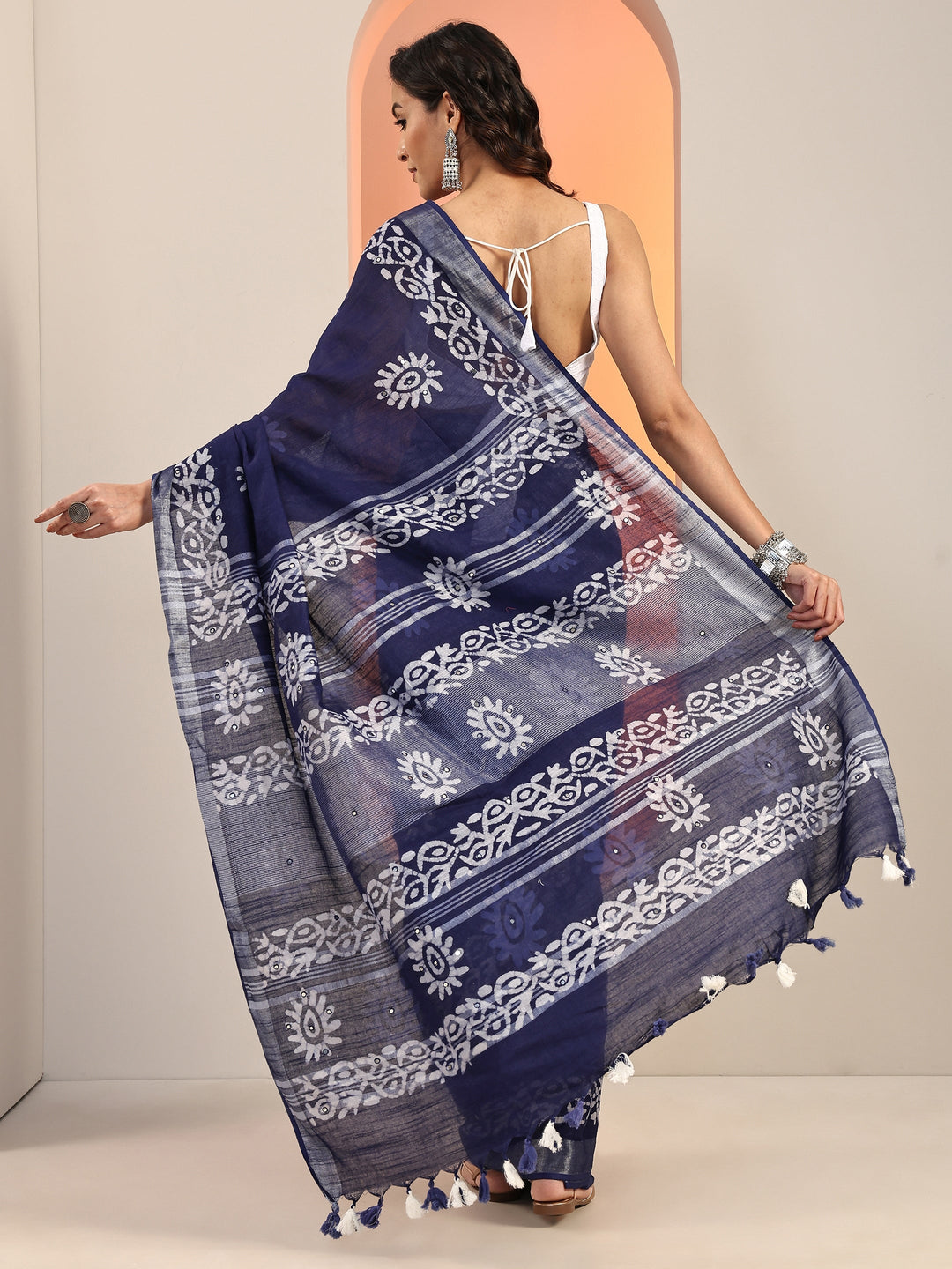 Blue Printed Cotton Saree With Unstitched Blouse Piece