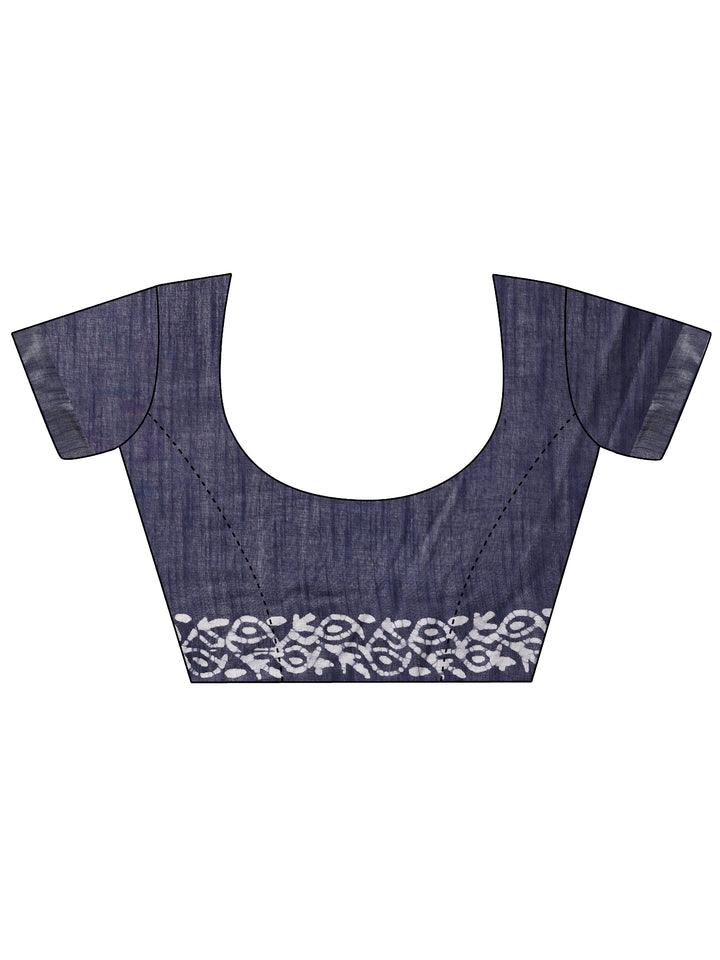 Blue Printed Cotton Saree With Unstitched Blouse Piece