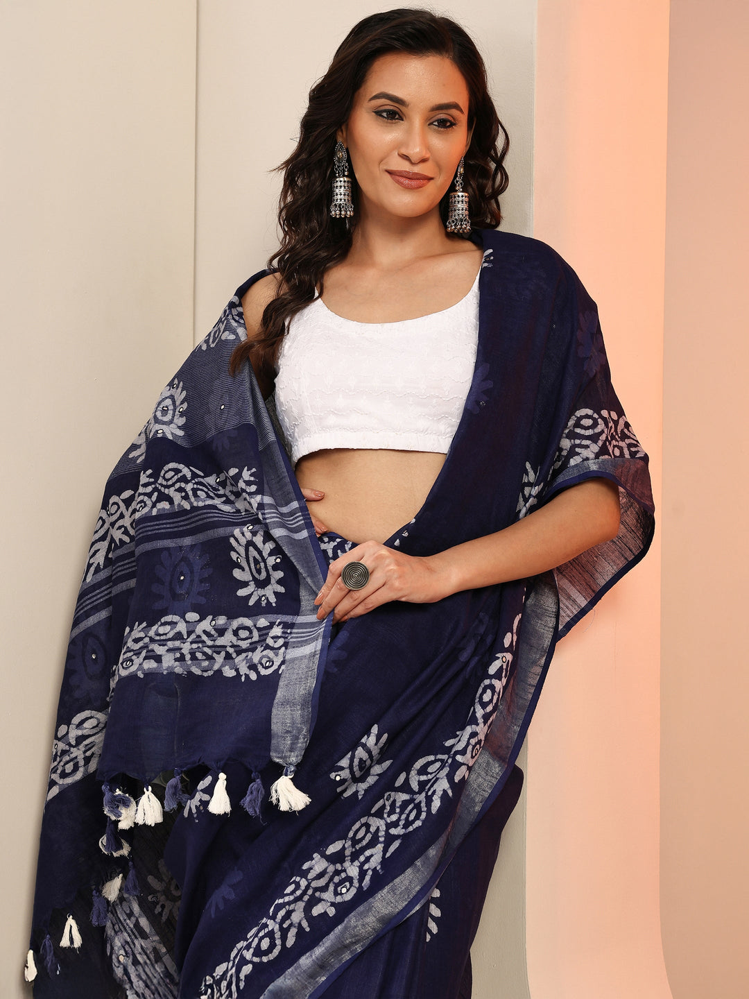 Blue Printed Cotton Saree With Unstitched Blouse Piece
