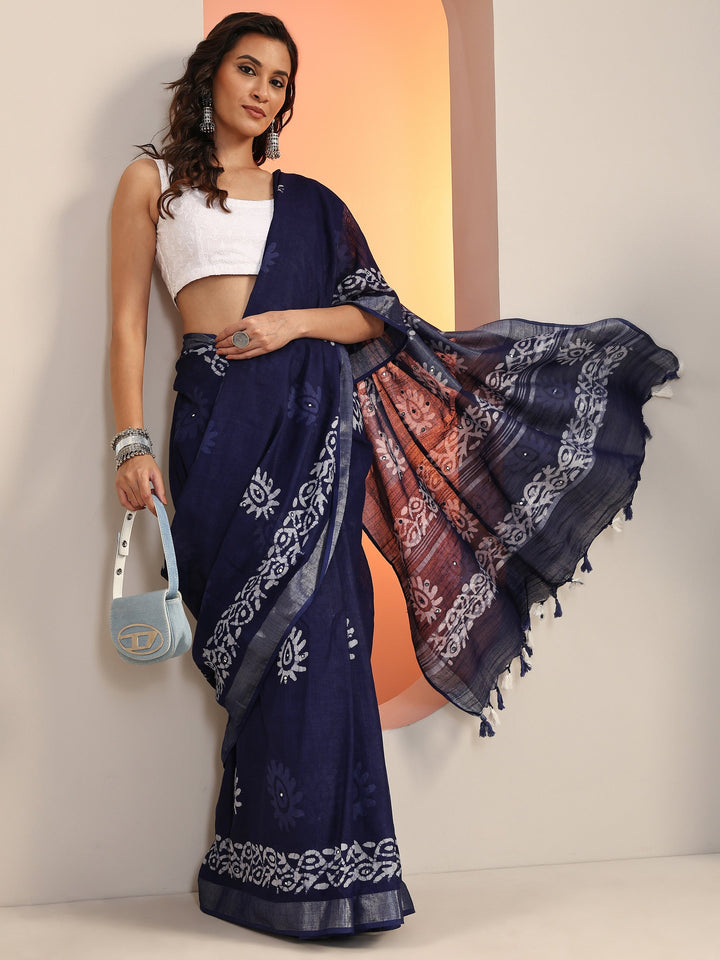 Blue Printed Cotton Saree With Unstitched Blouse Piece