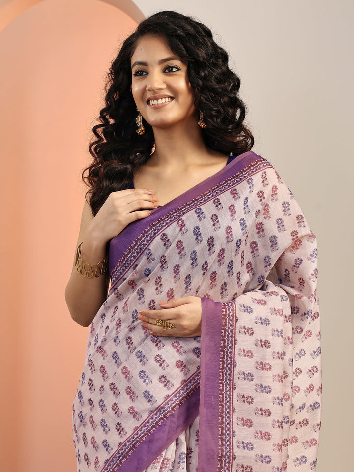 Mauve Printed Silk Blend Saree With Unstitched Blouse Piece