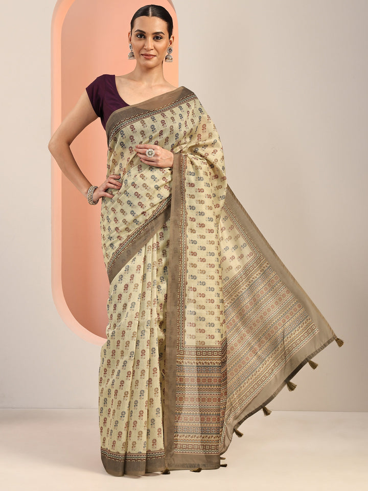 Green Printed Silk Blend Saree With Unstitched Blouse Piece