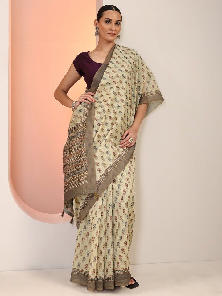 Green Printed Silk Blend Saree With Unstitched Blouse Piece