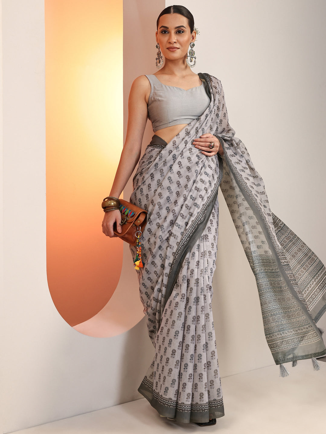 Mauve Printed Silk Blend Saree With Unstitched Blouse Piece