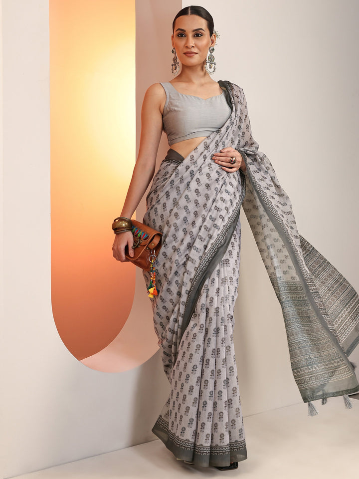 Mauve Printed Silk Blend Saree With Unstitched Blouse Piece