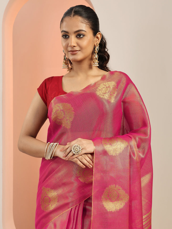 Pink Woven Silk Blend Saree With Unstitched Blouse Piece