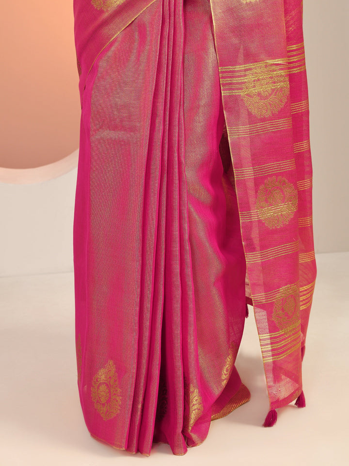 Pink Woven Silk Blend Saree With Unstitched Blouse Piece