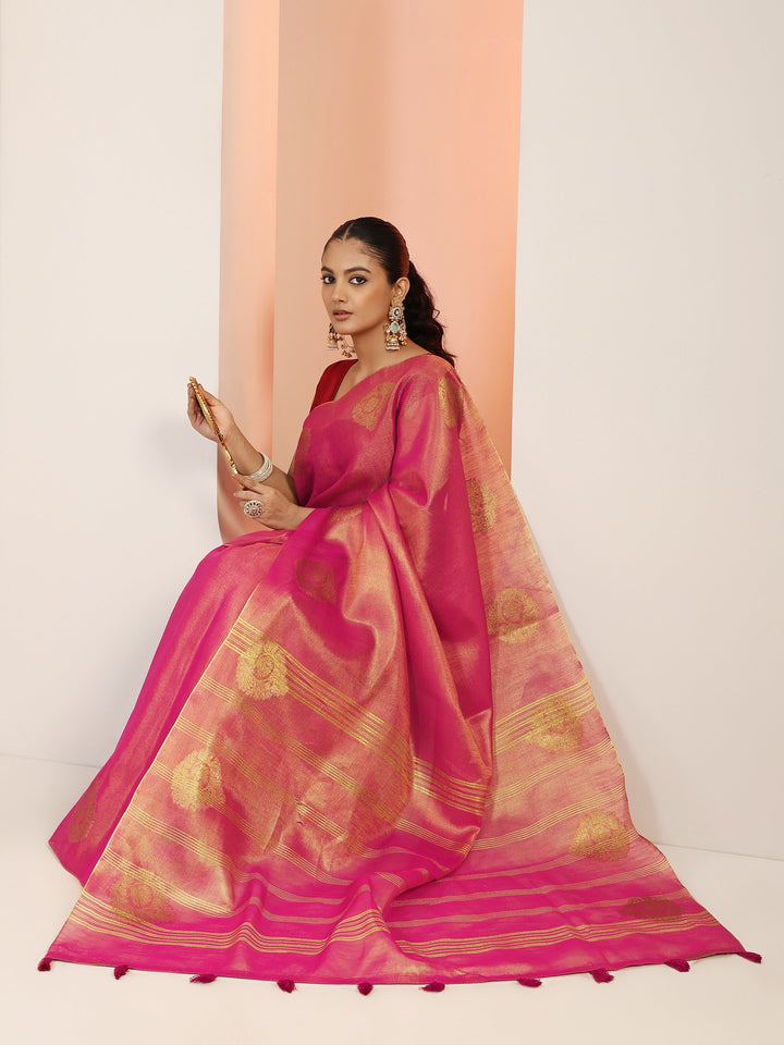 Pink Woven Silk Blend Saree With Unstitched Blouse Piece