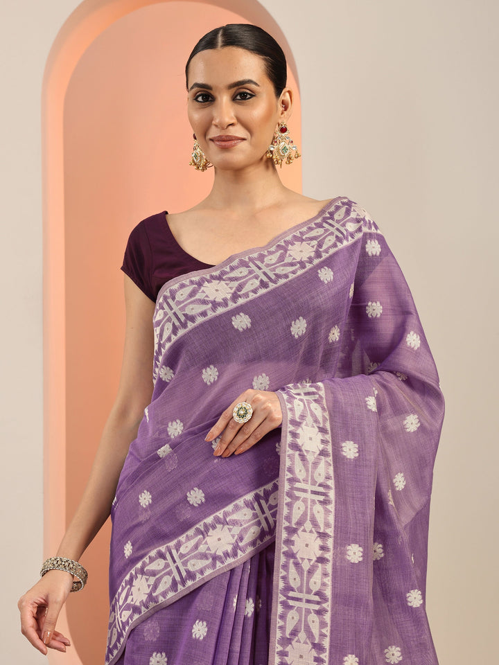 Lavender Woven Cotton Blend Saree With Unstitched Blouse Piece