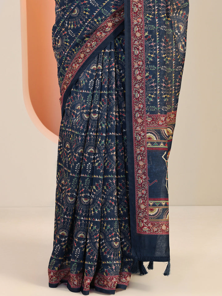 Navy Blue Printed Silk Blend Saree With Unstitched Blouse Piece