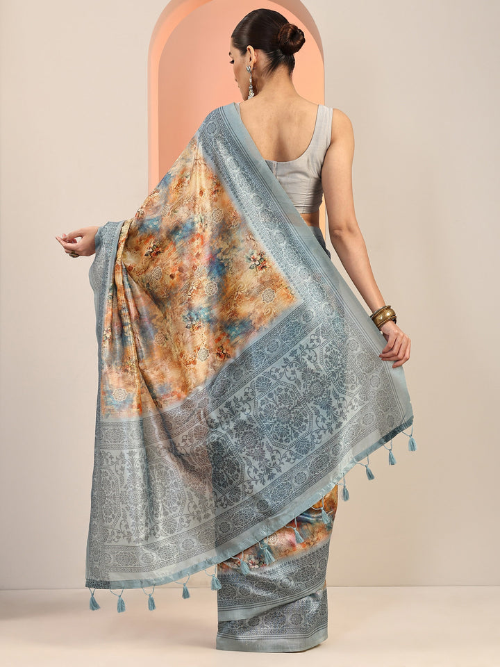 Blue Printed Silk Blend Saree With Unstitched Blouse Piece