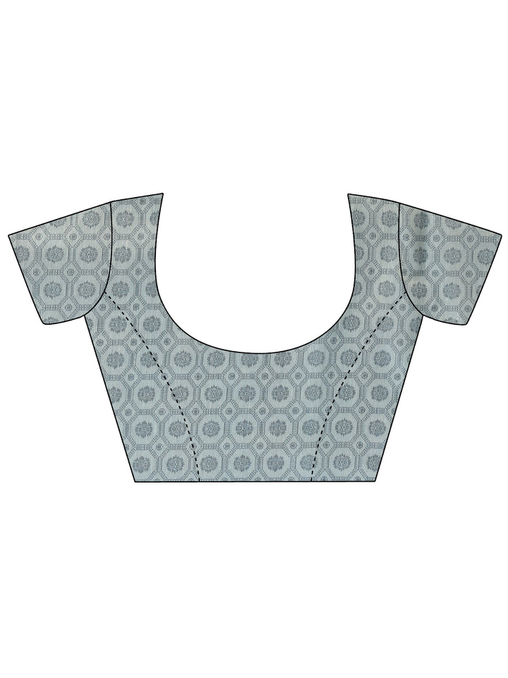 Blue Printed Silk Blend Saree With Unstitched Blouse Piece