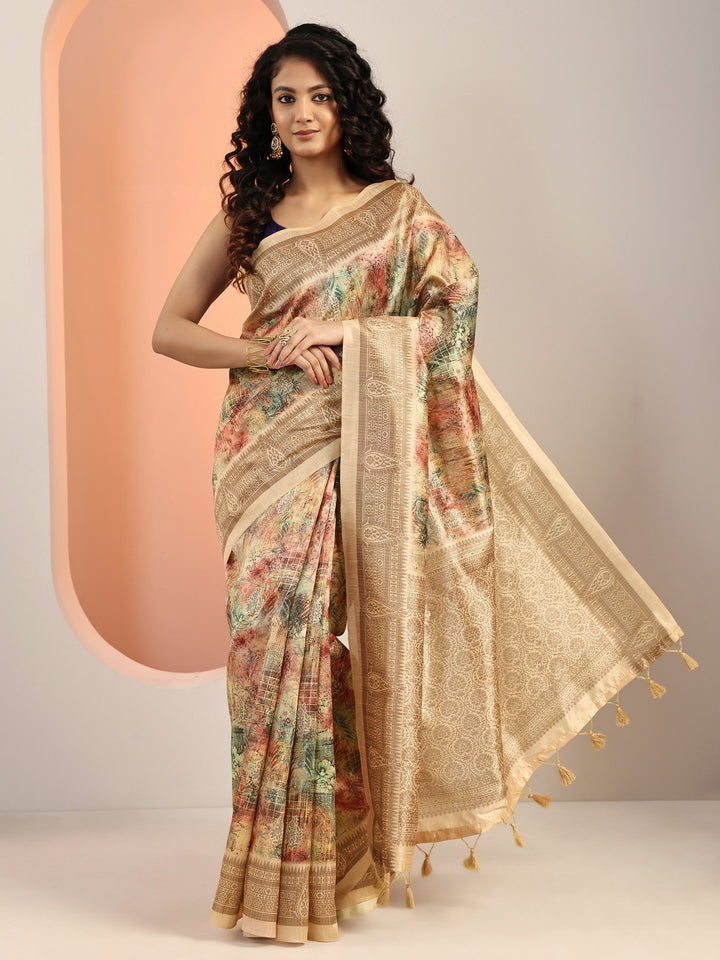 Multi Printed Silk Blend Saree With Unstitched Blouse Piece