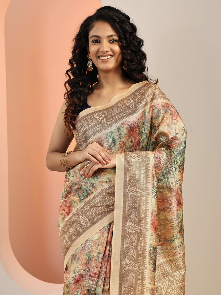 Multi Printed Silk Blend Saree With Unstitched Blouse Piece