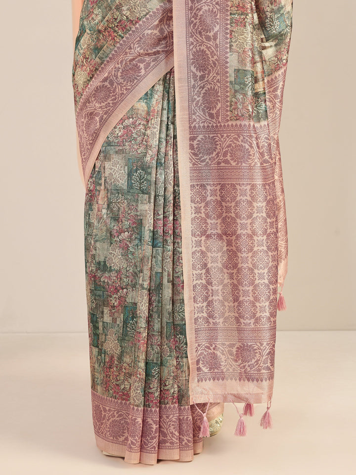 Multi Printed Silk Blend Saree With Unstitched Blouse Piece