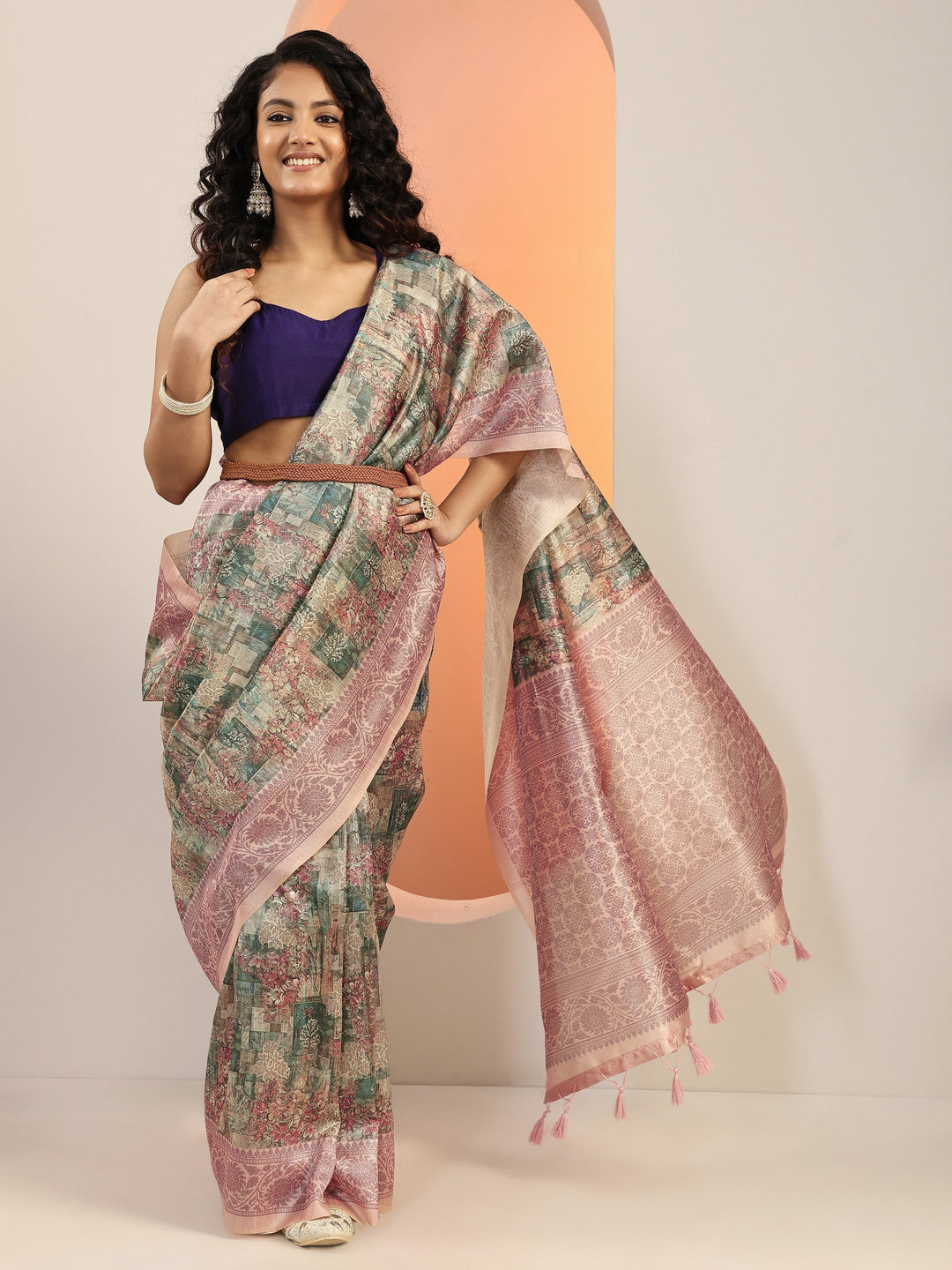 Multi Printed Silk Blend Saree With Unstitched Blouse Piece
