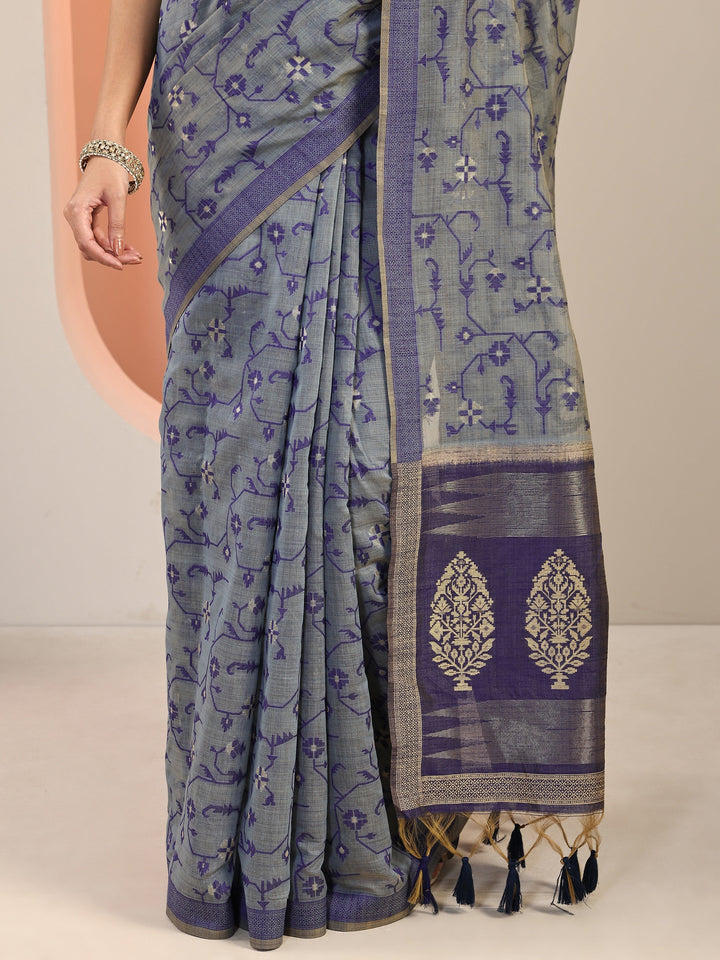 Navy Blue Woven Cotton Blend Saree With Unstitched Blouse Piece
