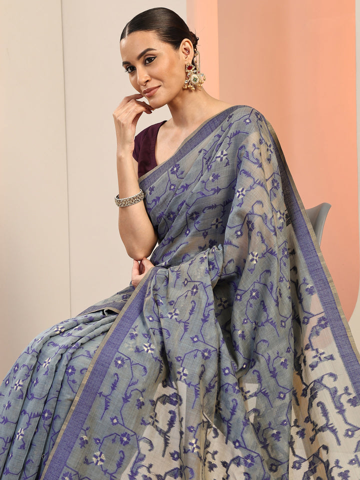 Navy Blue Woven Cotton Blend Saree With Unstitched Blouse Piece