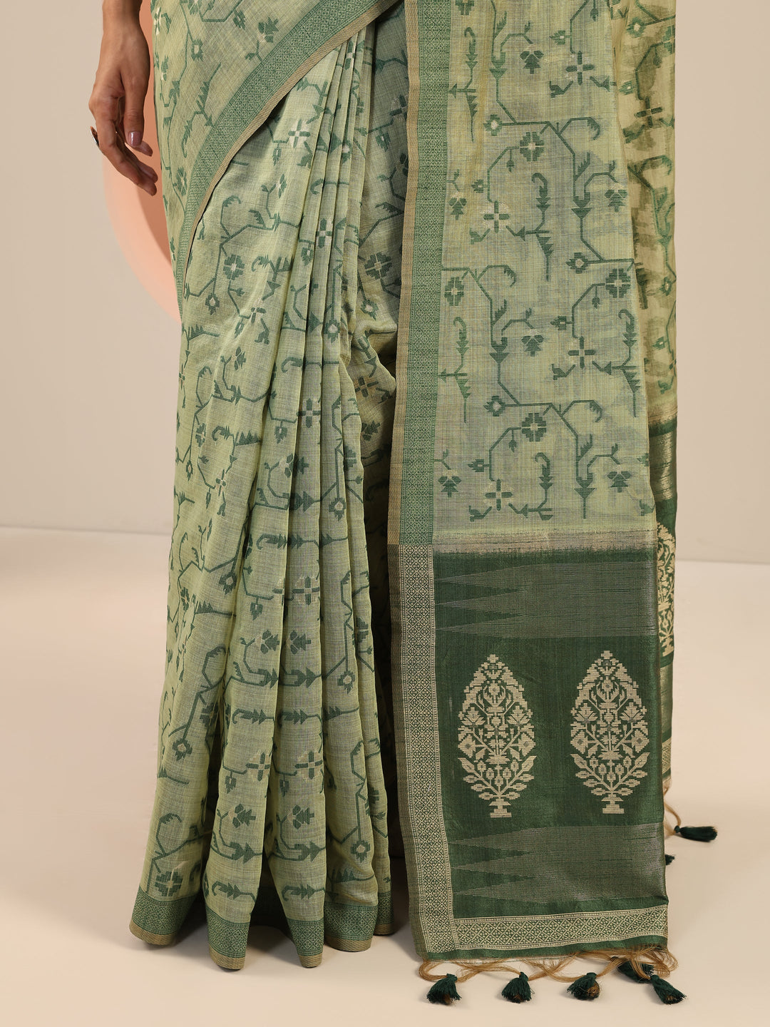 Green Woven Design Cotton Saree With Unstitched Blouse Piece