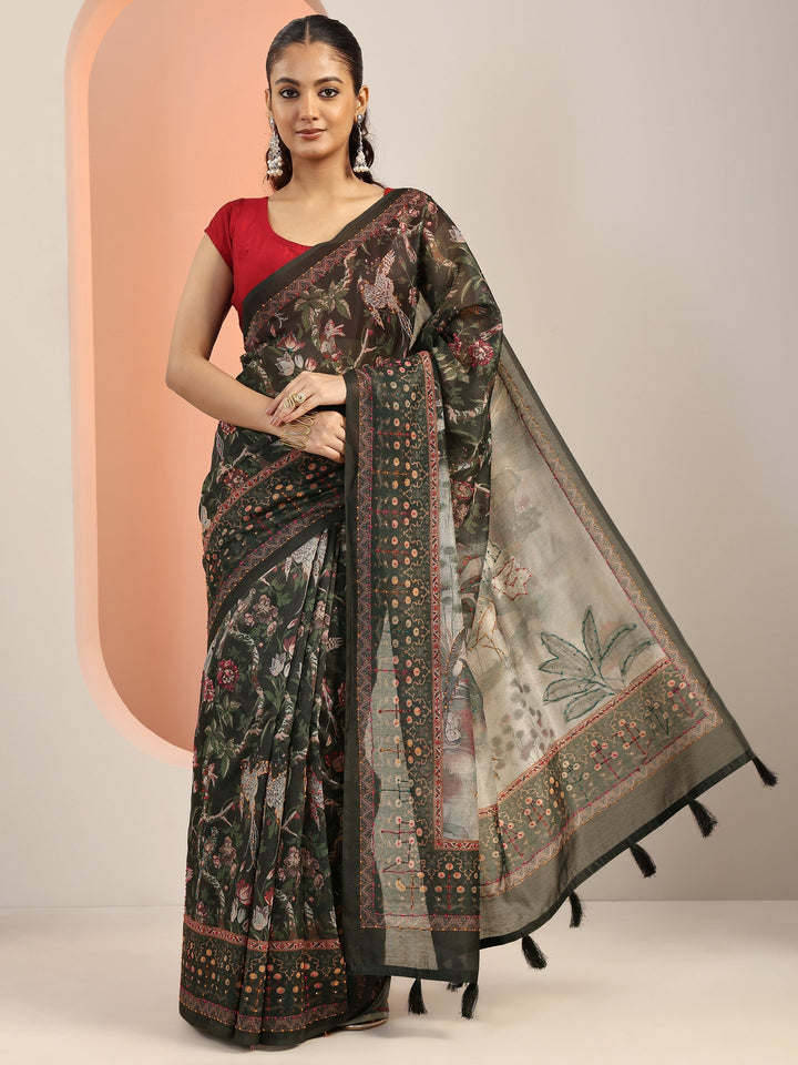 Green Printed Silk Blend Saree With Unstitched Blouse Piece