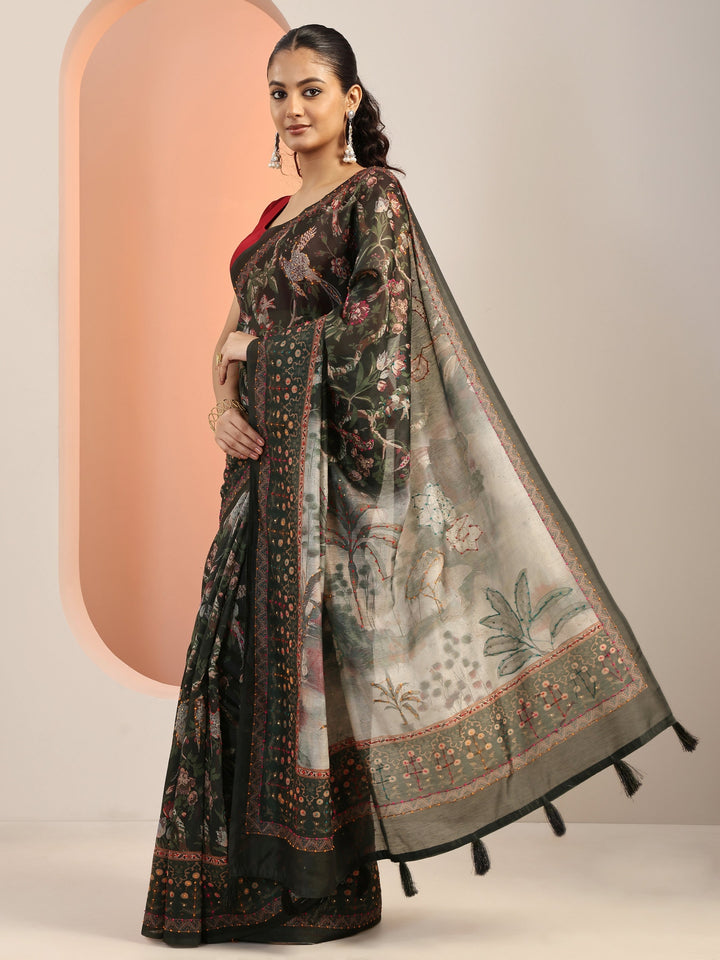 Green Printed Silk Blend Saree With Unstitched Blouse Piece