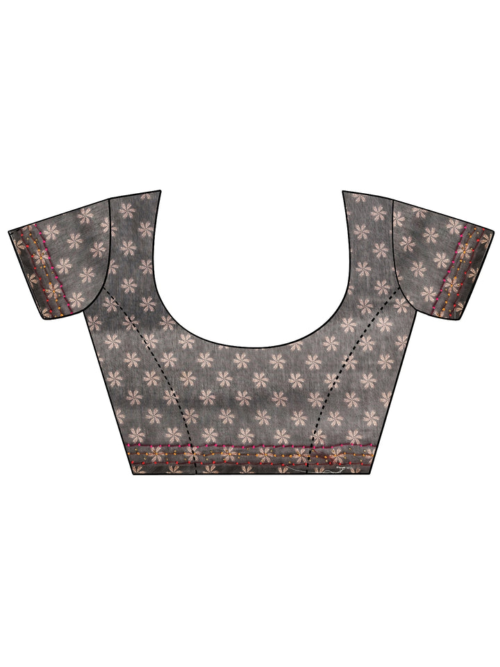 Green Printed Silk Blend Saree With Unstitched Blouse Piece