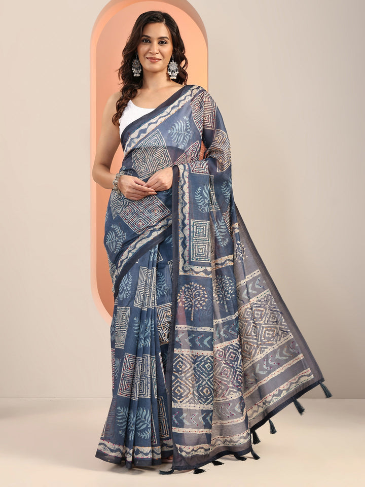 Blue Printed Silk Blend Saree With Unstitched Blouse Piece