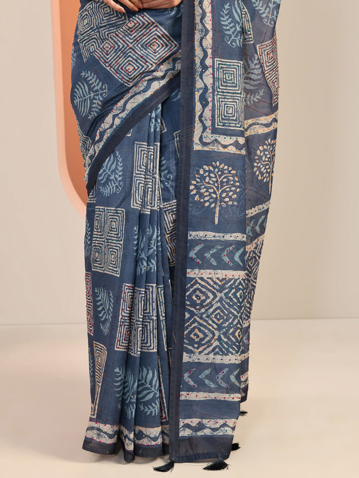 Blue Printed Silk Blend Saree With Unstitched Blouse Piece