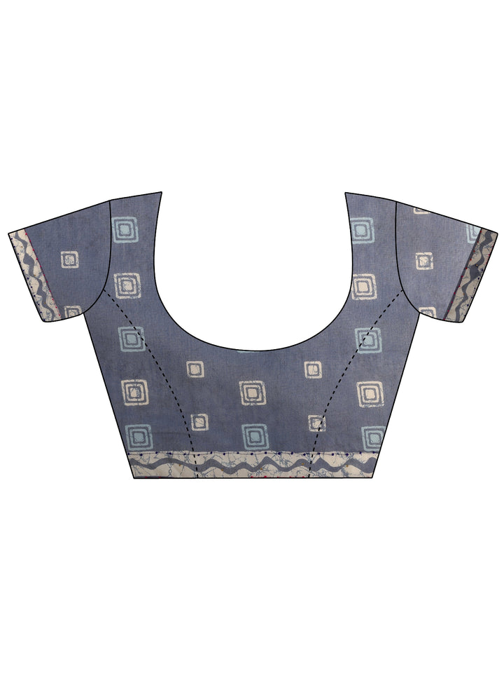 Blue Printed Silk Blend Saree With Unstitched Blouse Piece