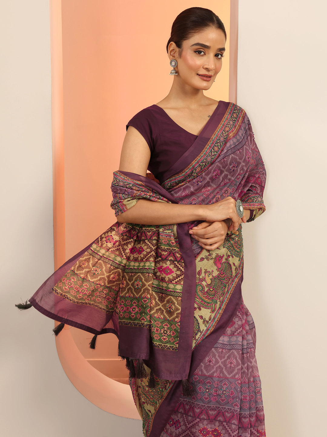 Lavender Printed Silk Saree With Unstitched Blouse Piece