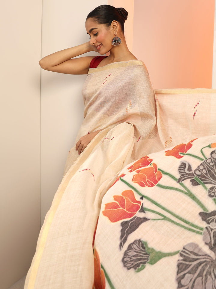 Beige Woven Design Silk Saree With Unstitched Blouse Piece