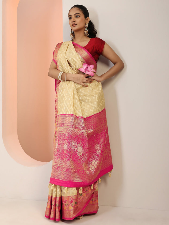 Beige Woven Silk Blend Saree With Unstitched Blouse Piece