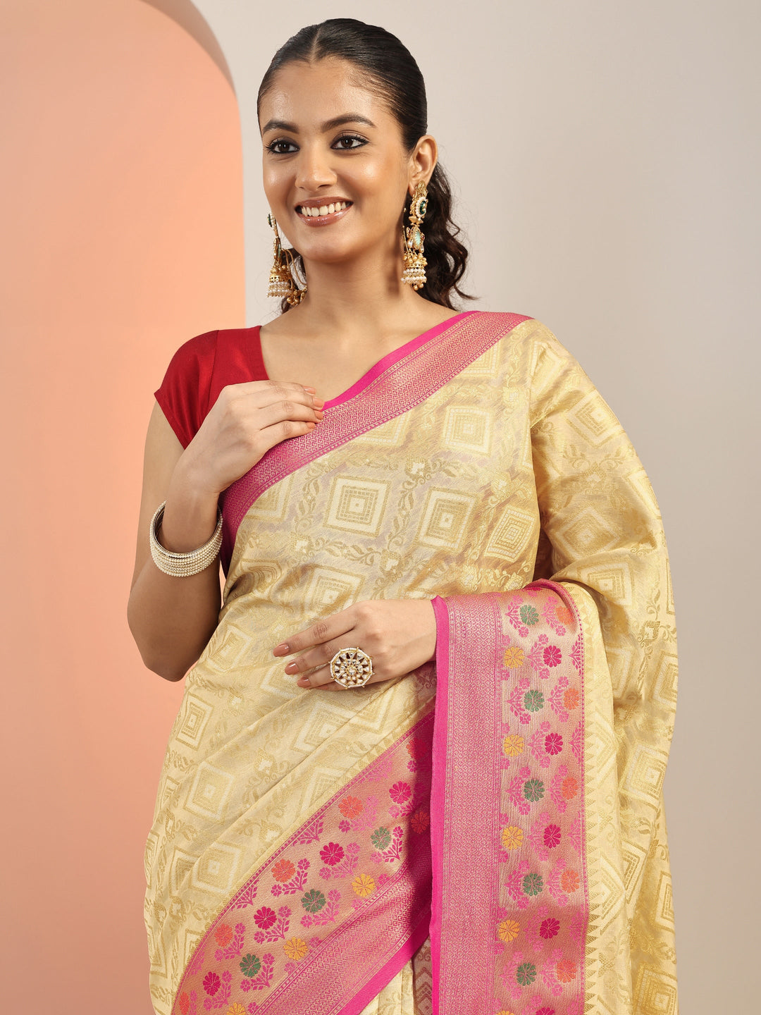 Beige Woven Silk Blend Saree With Unstitched Blouse Piece