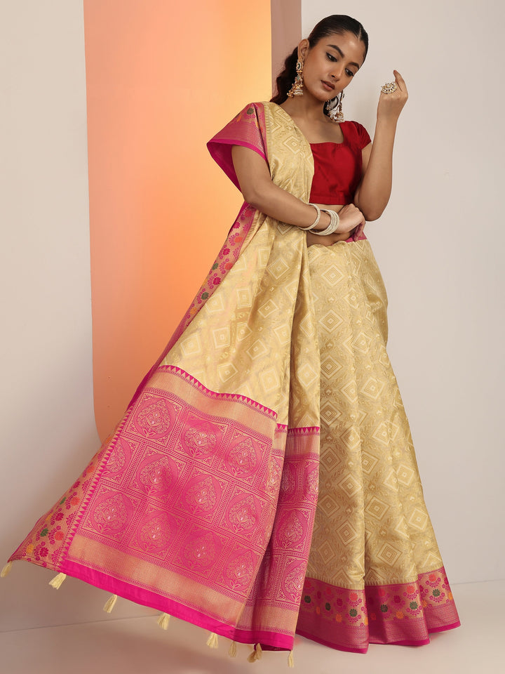 Beige Woven Silk Blend Saree With Unstitched Blouse Piece