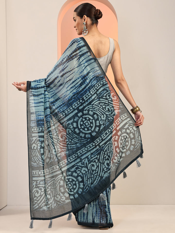 Blue Printed Silk Blend Saree With Unstitched Blouse Piece