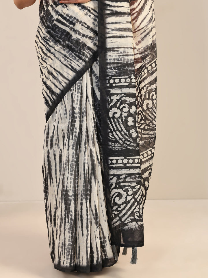 Black Printed Silk Blend Saree With Unstitched Blouse Piece