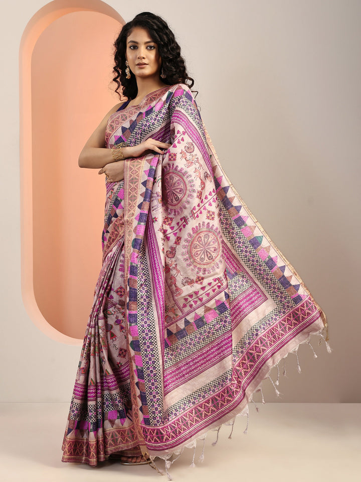 Lavender Printed Silk Blend Saree With Unstitched Blouse Piece