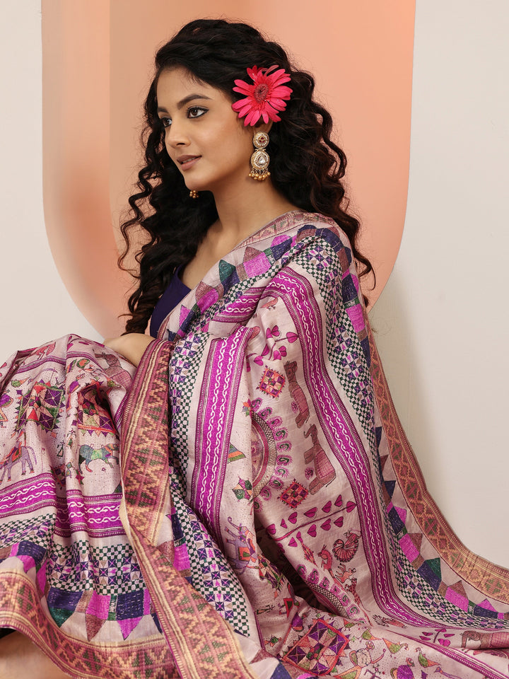 Lavender Printed Silk Blend Saree With Unstitched Blouse Piece